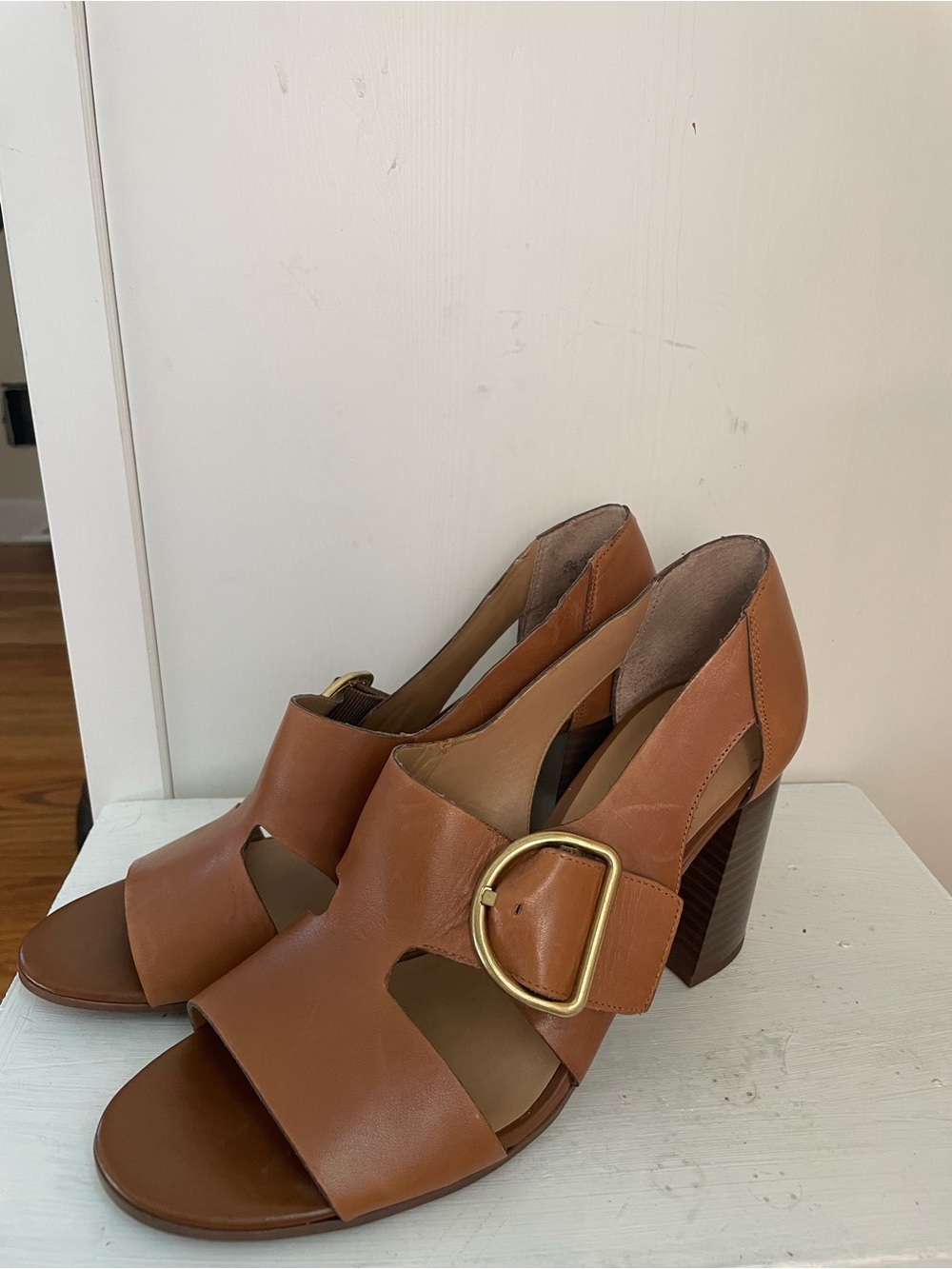 Franco Sarto Cognac Leather Block Heel Sandals with Gold Buckle